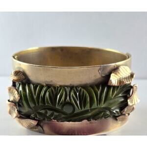 Art Deco Bakelite Clad Carved Green Brass Hinged Cuff Estate Bracelet Vtg 30s